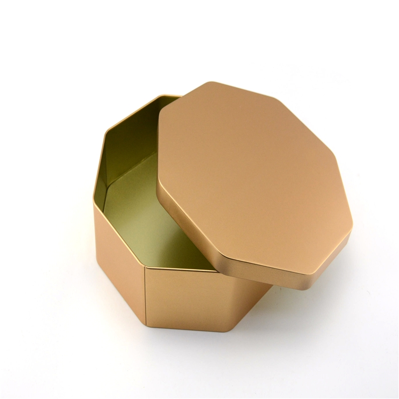 Thiết kế mới 2018 hộp thiếc bằng vàng hình bát giác cho bánh trung thu, bao bì bánh quy