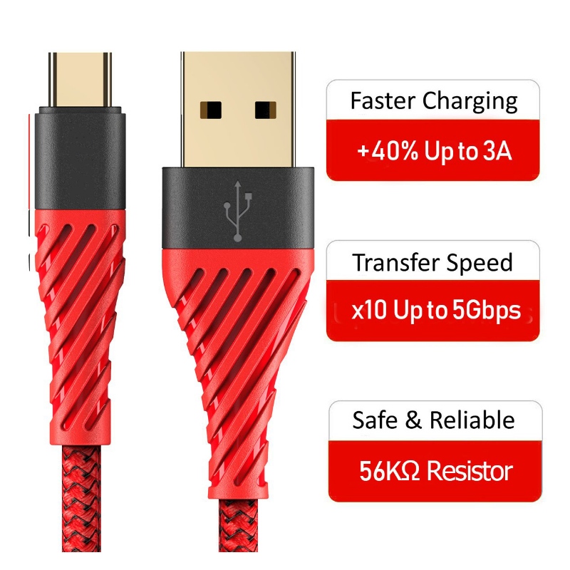 Cáp USB C 3.0, Cáp USB loại C Sạc nhanh USB cho cáp điện thoại di động cho Samsung Galaxy S8, S9 Plus, Note 8, LG v20, G6, G5, v30, Google Pixel 2 XL, Nexus 6-3 Pack Red