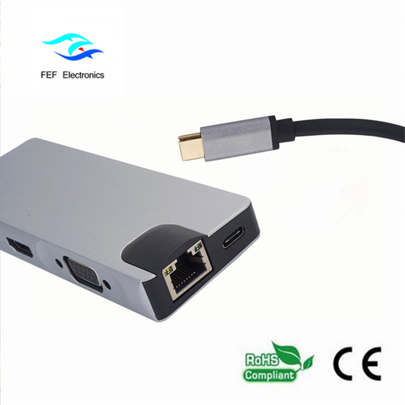 USB loại c / HDMI Nữ + VGA Nữ + 2 * USB3.0 Nữ + SD + TF + PD Vỏ kim loại
