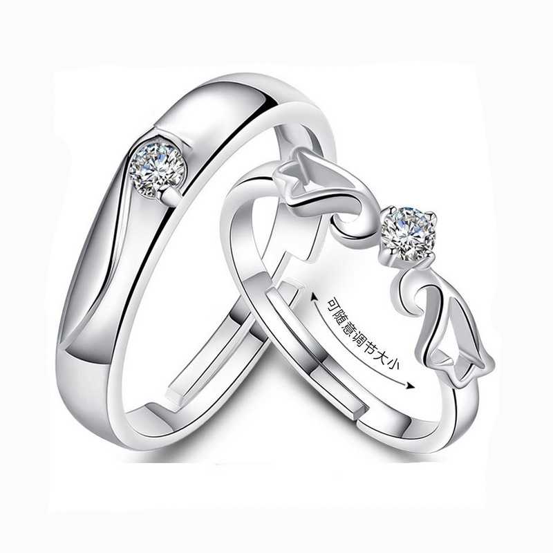 Nhẫn bạc đôi sáng tạo kim cương bạc 925 Cặp đôi mở nhẫn nhẫn đến miệng, trang sức bạc Ngôi sao rực rỡ