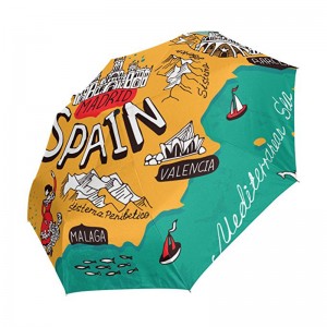 Windproof tùy chỉnh in vải pongee 2 phần sợi thủy tinh sườn tự động 3 ô có thể gập lại