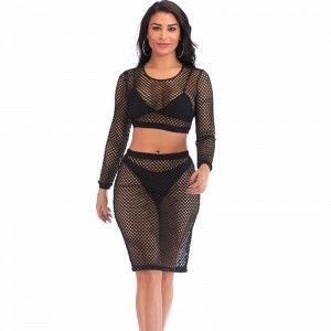 Sexy Sheer Đen Lưới Tay áo dài Cổ tròn Cắt crop \u0026 Váy Váy ngủ Bộ đồ lót N18973