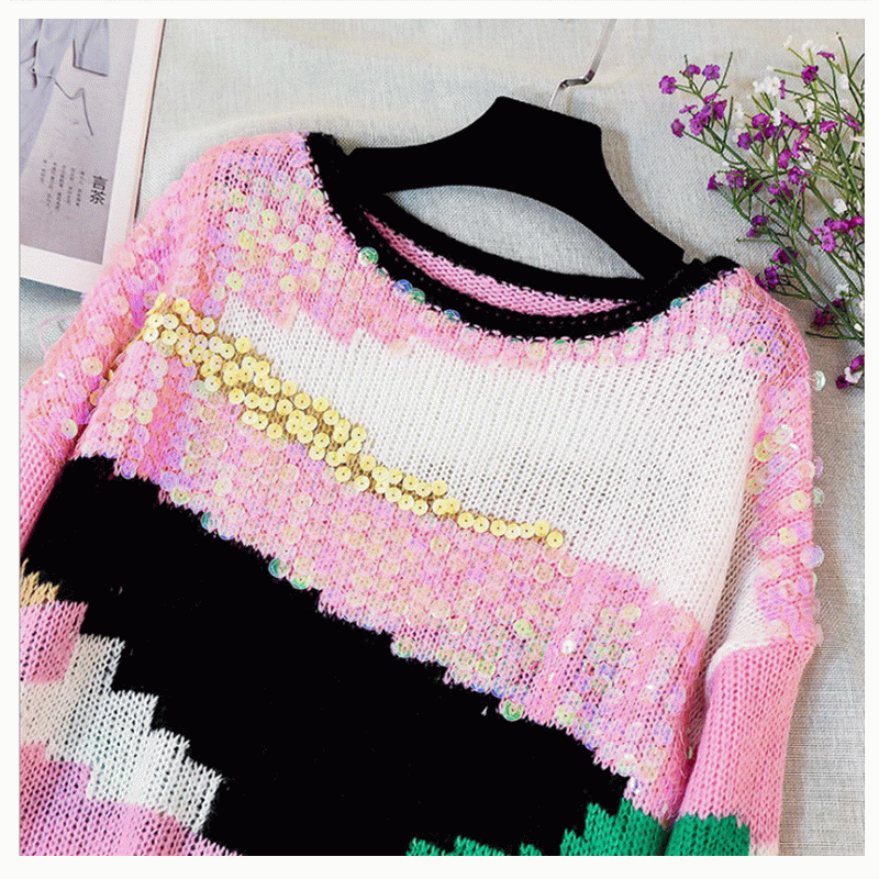 2019 Handmade may Sequin Appliques Fall Winter Mohair Pullover Sweater