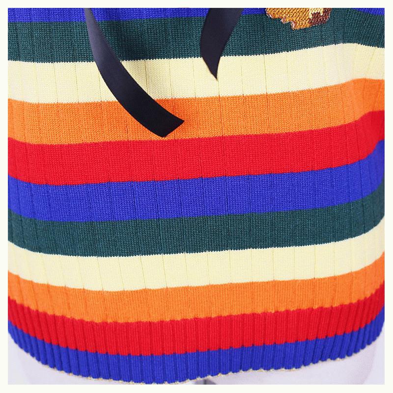 Tùy chỉnh ODM Teddy Bear Intarsia Rainbow Strips Women Vải Áo thun