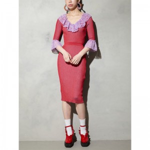 Tùy chỉnh mùa hè ngắn Flare tay áo ren dải bện nữ bút chì áo len đan