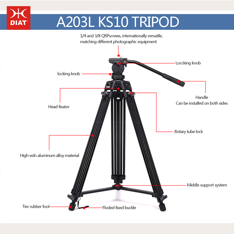 Diat A203L KS-10 Hợp kim nhôm hợp kim Video hỗ trợ chân máy cao 1,8 mét 3 phần