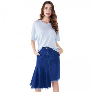 Màu xanh chắp vá bất đối xứng Chiều dài đầu gối Jeans Midi Váy denim JCGJ190315027