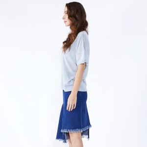 Màu xanh chắp vá bất đối xứng Chiều dài đầu gối Jeans Midi Váy denim JCGJ190315027