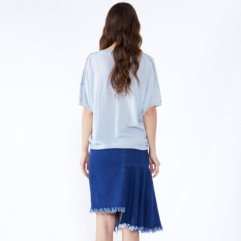 Màu xanh chắp vá bất đối xứng Chiều dài đầu gối Jeans Midi Váy denim JCGJ190315027