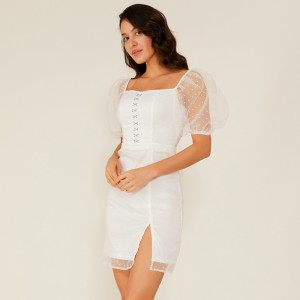 Oem mùa hè trắng ren voan chấm đầm phong cách boho cổ điển thanh lịch