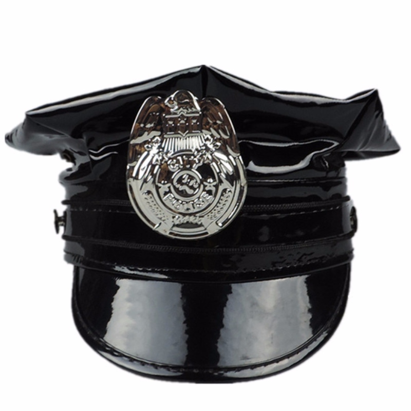 Hawk Hat Badge PVC PU da cap màu đen hình bát giác da cảnh sát mũ da quân đội đóng vai trò chơi mũ đồng phục