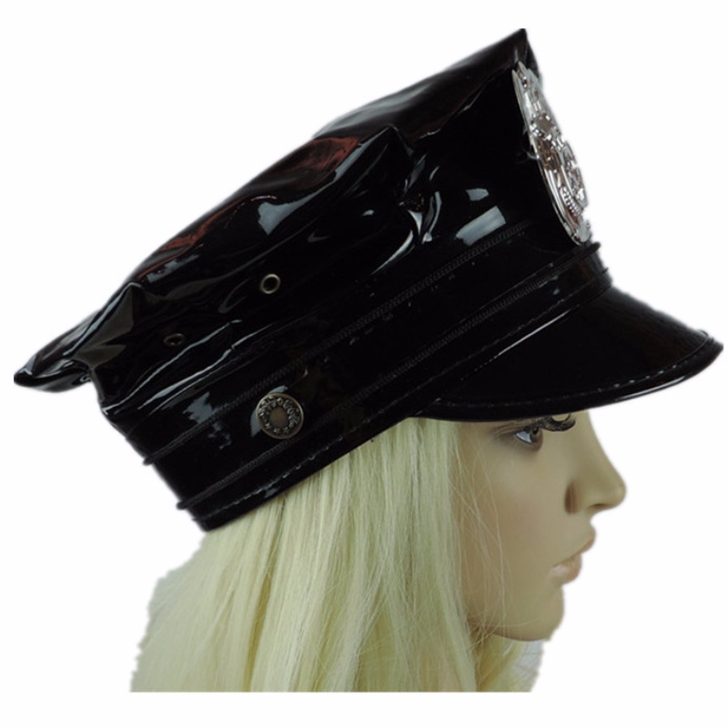 Hawk Hat Badge PVC PU da cap màu đen hình bát giác da cảnh sát mũ da quân đội đóng vai trò chơi mũ đồng phục