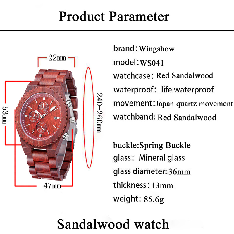 Đồng hồ chống nước gỗ đàn hương đỏ với ngày hiển thị đồng hồ thạch anh thời trang
