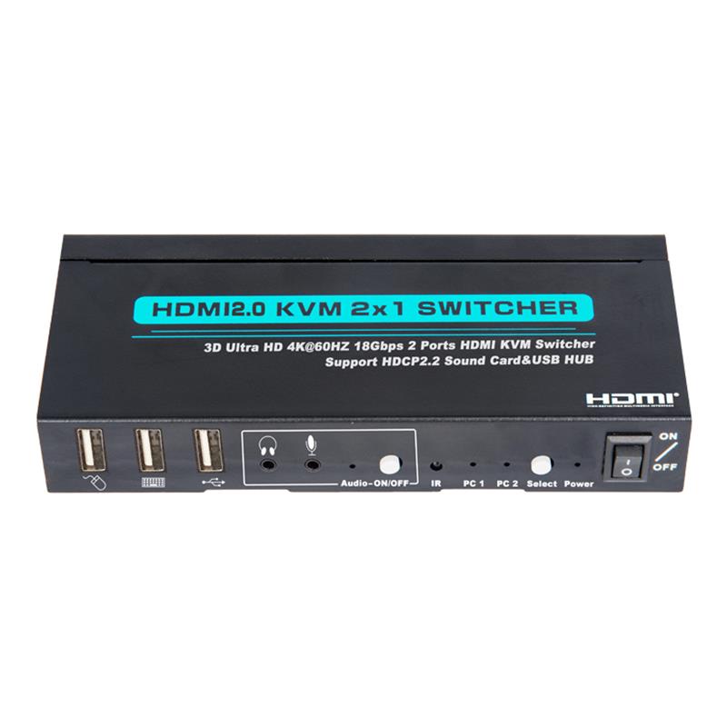 V2.0 HDMI KVM 2x1 Switch Hỗ trợ Ultra HD 4Kx2K @ 60Hz HDCP2.2 Thẻ âm thanh 18Gbps & Hub USB