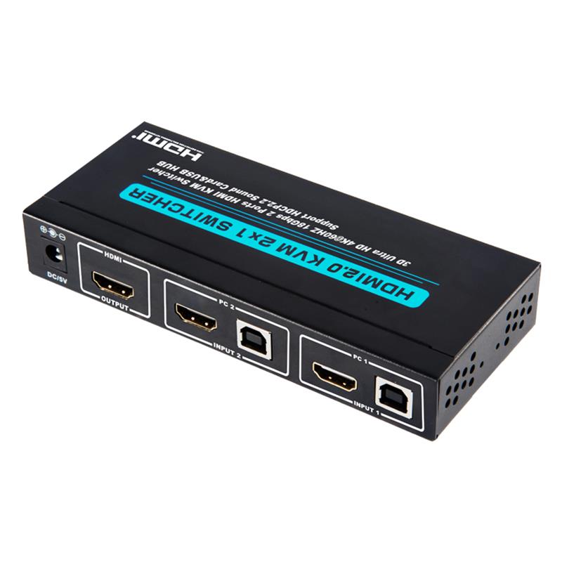 V2.0 HDMI KVM 2x1 Switch Hỗ trợ Ultra HD 4Kx2K @ 60Hz HDCP2.2 Thẻ âm thanh 18Gbps & Hub USB