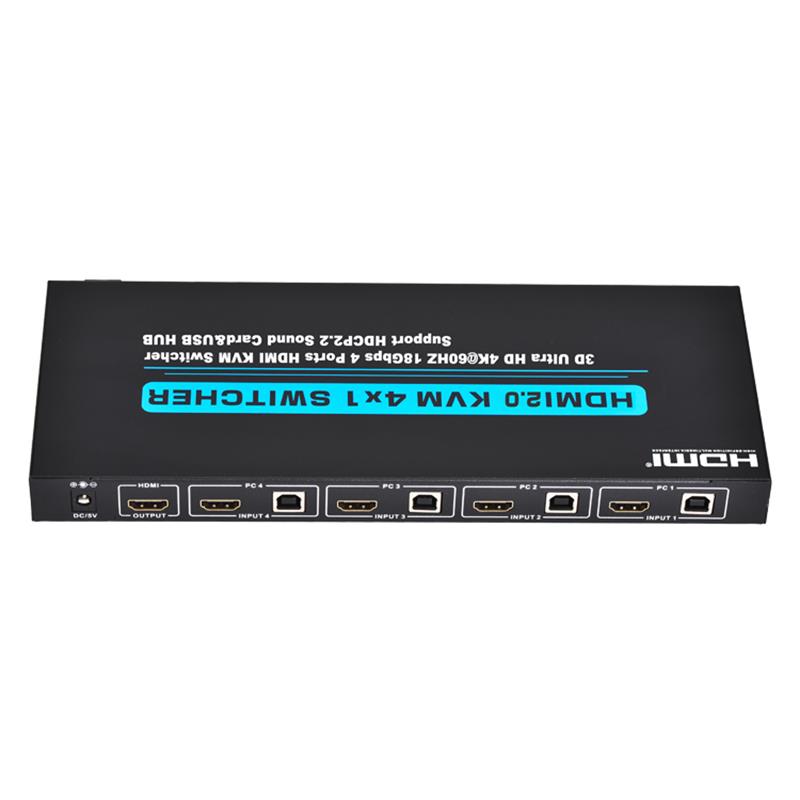 V2.0 HDMI KVM 4x1 Hỗ trợ chuyển đổi Ultra HD 4Kx2K @ 60Hz HDCP2.2 Thẻ âm thanh 18Gbps & Hub USB