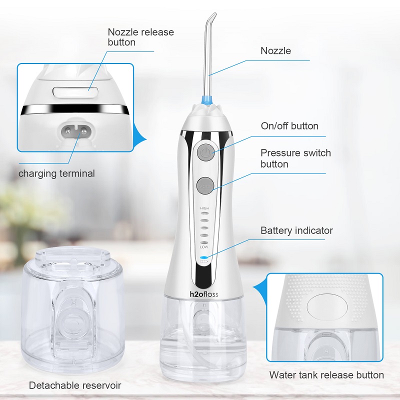 H2ofloss Water Flosser Professional Cordless Nha khoa Dụng cụ tưới răng - Di động và có thể sạc lại Xỉa nước không thấm nước để làm sạch răng, Hồ chứa và nhà du lịch 300ml (HF-2)