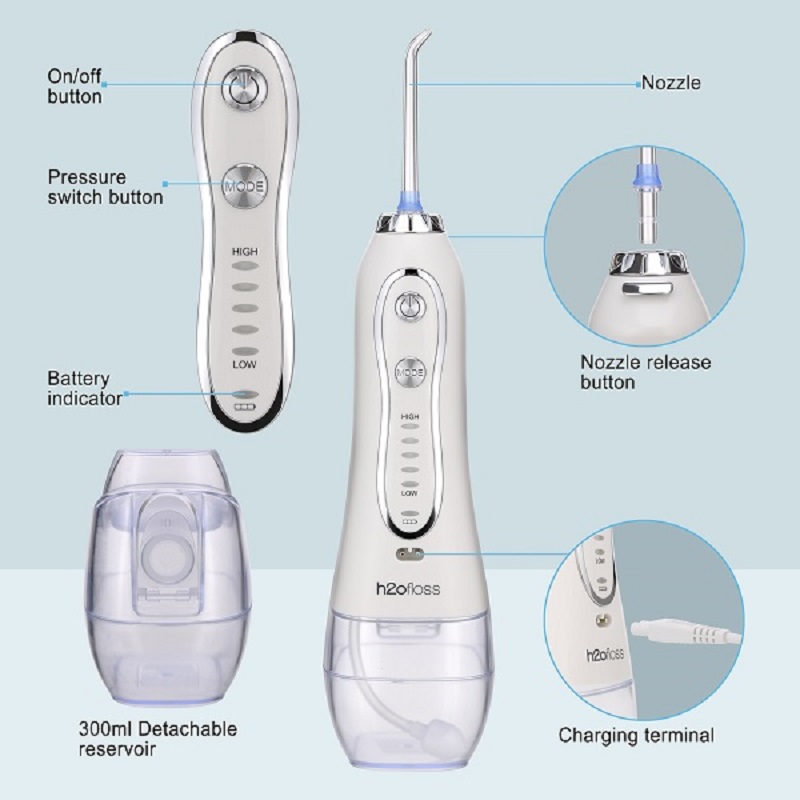 H2ofloss Water Flosser Professional Cordless Nha khoa Dụng cụ tưới răng - Di động và có thể sạc lại Xỉa nước không thấm nước để làm sạch răng, Hồ chứa và nhà du lịch 300ml (HF-6)
