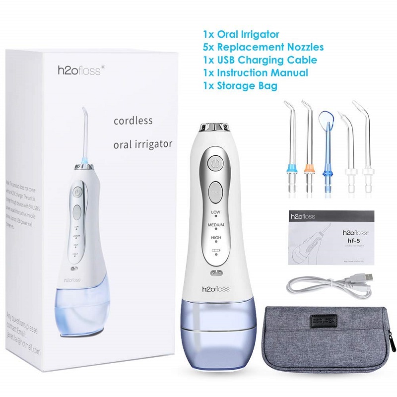 H2ofloss Water Flosser Professional Cordless Nha khoa Dụng cụ tưới răng - Di động và có thể sạc lại Xỉa nước không thấm nước để làm sạch răng, Hồ chứa và nhà du lịch 300ml (HF-5)