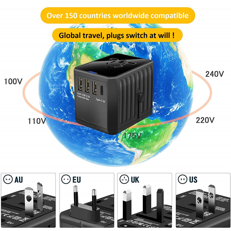 Bộ điều hợp du lịch quốc tế RRTRAVEL Bộ chuyển đổi nguồn toàn cầu Toàn cầu trong một USB 4 có phích cắm điện Hoàn hảo cho các nước Châu Âu, EU, Anh, AU 160