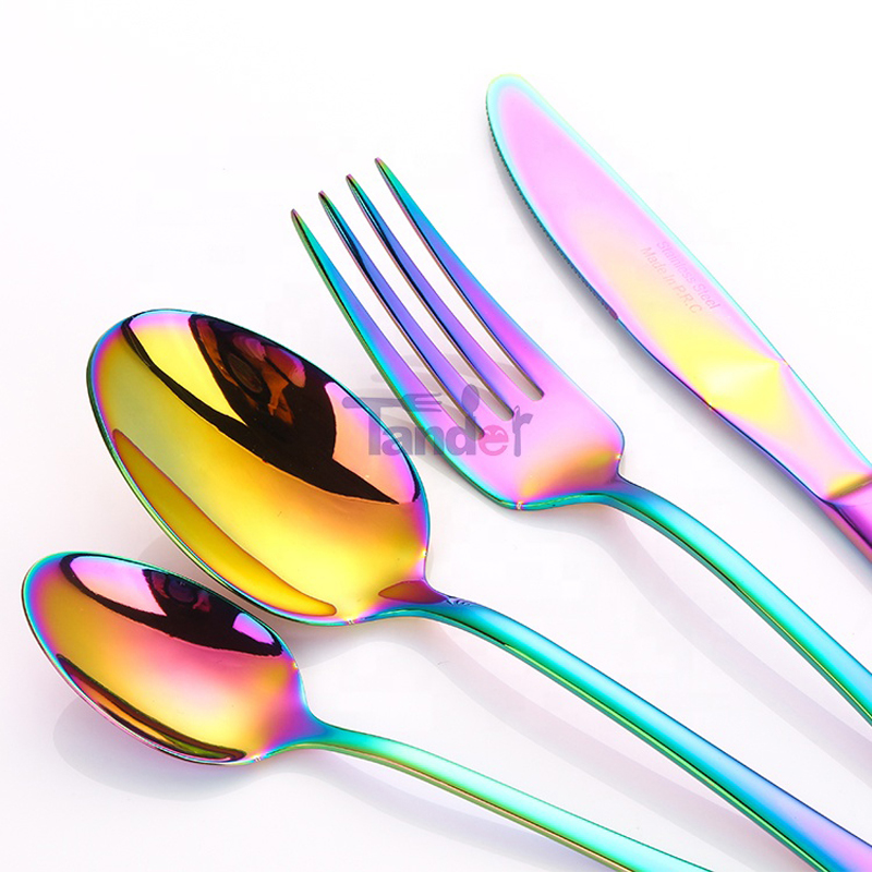 gương cao bán lẻ lridescent đầy màu sắc cắm trại bằng thép không gỉ phẳng cầu vồng bộ dao kéo