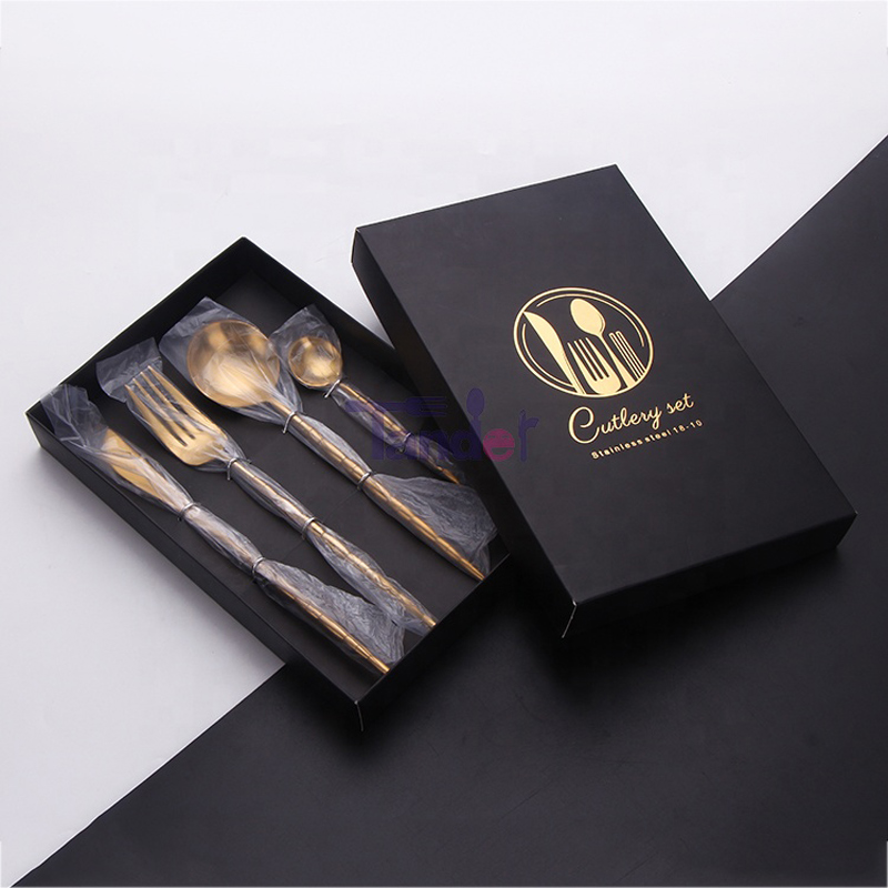 cao cấp 18\/8 gương đánh bóng hộp quà tặng bằng thép không gỉ phẳng pvd phủ vàng bữa tối hoàng gia dao kéo vàng bộ quà tặng