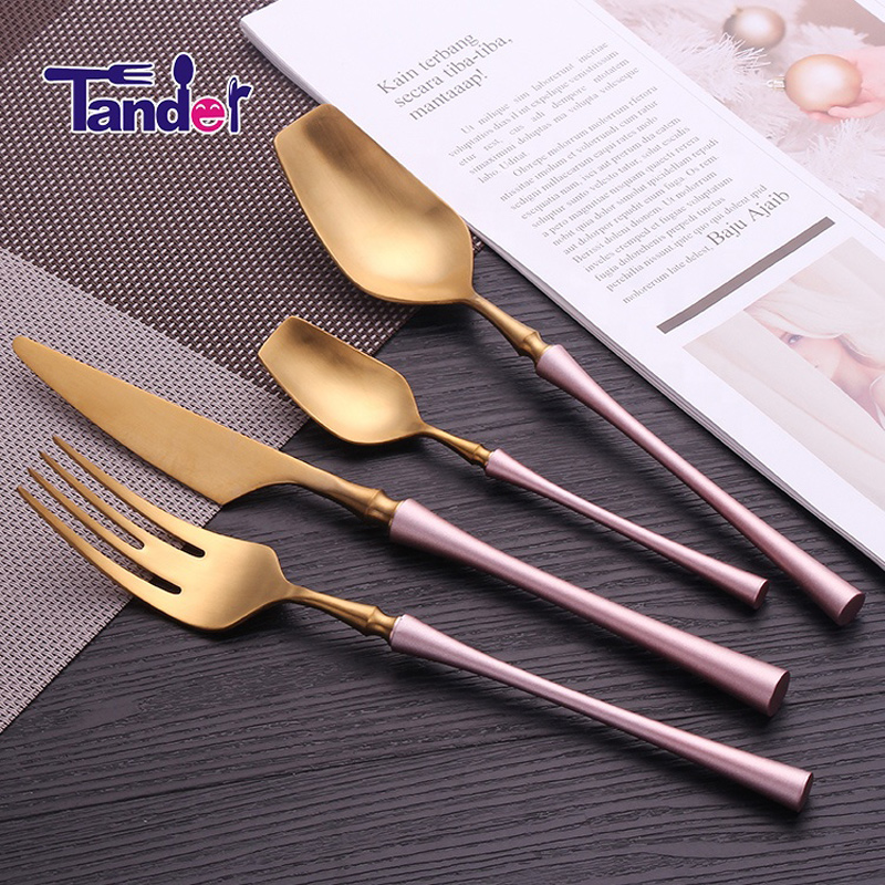 hồng xử lý vàng pvd phủ mỏng eo phong cách thép không gỉ đám cưới bộ dao kéo