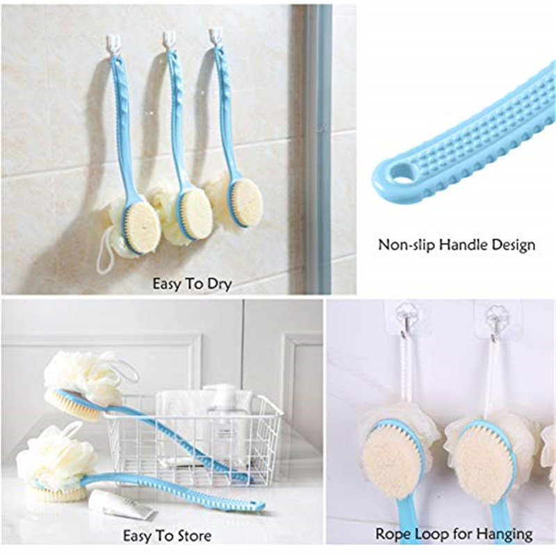Bàn chải tắm 2 IN 1 với Loofah và lông mềm, Máy chà lưng với Bàn chải tắm có tay cầm cong để làm ướt hoặc khô, Phụ nữ và nam giới Rửa mặt, tắm và tắm