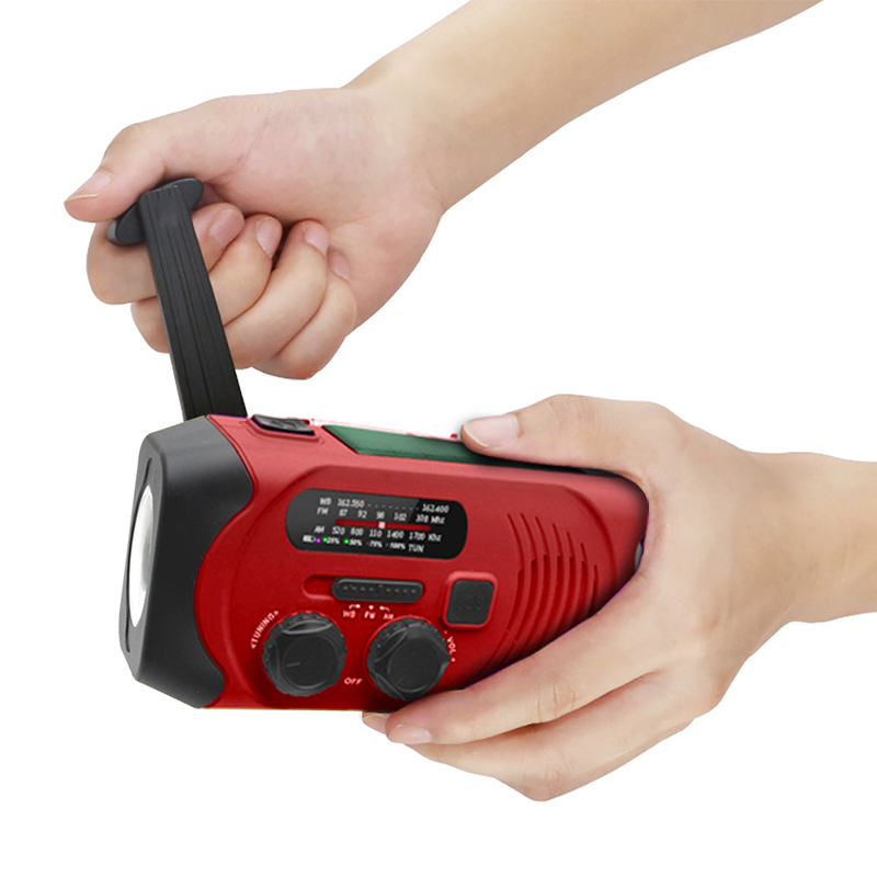 Khẩn cấp năng lượng mặt trời Đài phát thanh thời tiết AM \/ FM \/ WB Đài phát thanh quay tay NOAA với đèn pin LED, Bộ sạc điện thoại di động 2000mAh Ngân hàng điện với báo động SOS