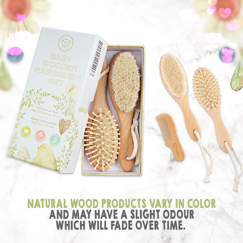 Bàn chải và bàn chải tóc cho bé bằng gỗ ba mảnh (3 miếng) cho trẻ sơ sinh và trẻ nhỏ, lông dê mềm tự nhiên cho mũ nôi, bàn chải lông cho bé bằng gỗ để massage, hoàn hảo cho bé đăng ký