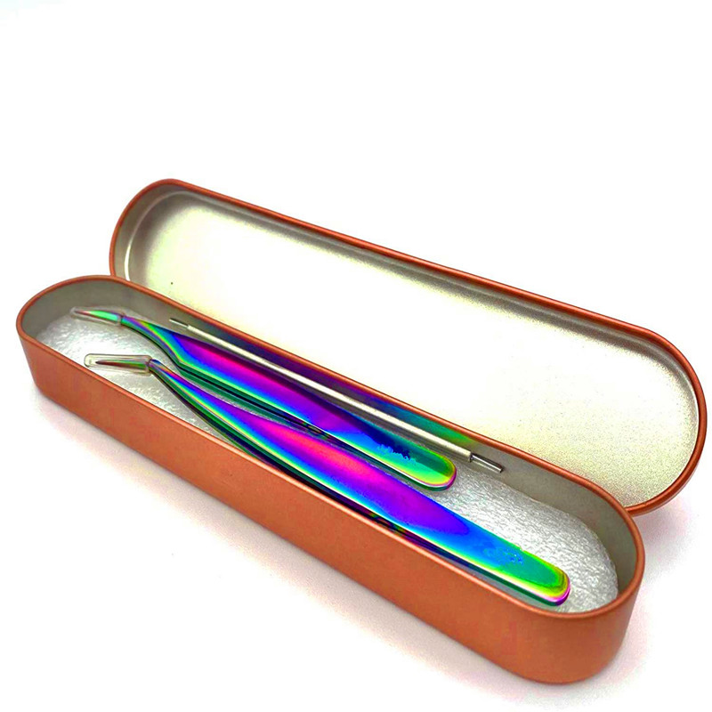 2 Bộ lông mi mở rộng Bộ nhíp, Thép không gỉ cầu vồng bề mặt đầy màu sắc 3D 4D 5D 6D Lông mi chuyên nghiệp Mở rộng Khối lượng Hình dạng cong Tweezer Pickers với hộp đựng aluminuim Ren