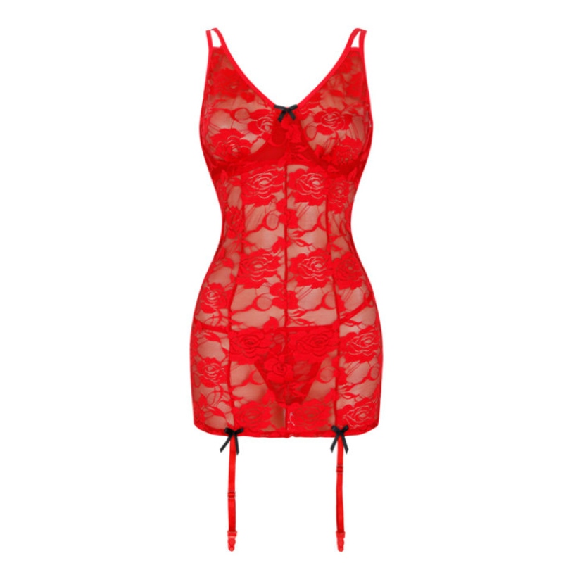 đồ lót gợi cảm cho phụ nữ, đồ lót gợi cảm cho phụ nữ cộng với kích thước, đồ lót gợi cảm cho quan hệ tình dục Red See-through Floral Lace Spaghetti Straps chemise Lingerie Set