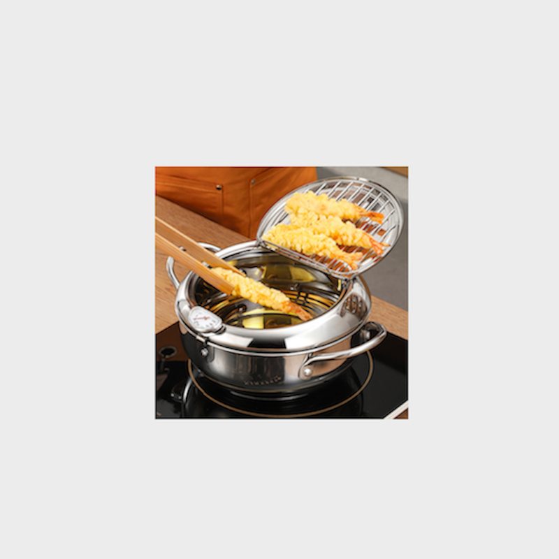 chảo rán với bộ lọc và nhiệt kế