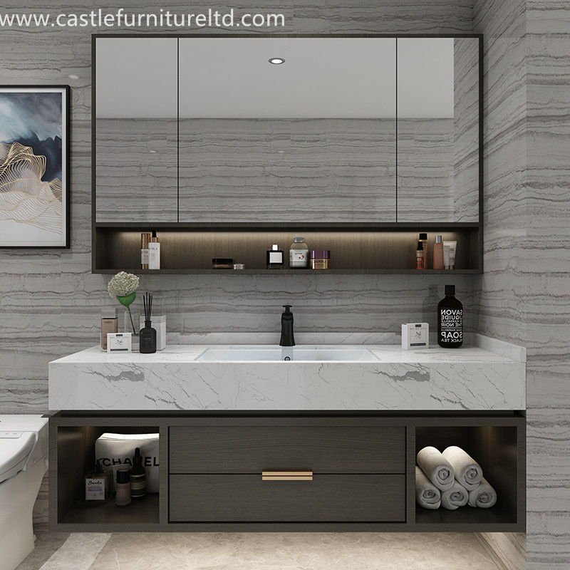 Kết hợp tủ phòng tắm gỗ sồi Bắc Âu đơn giản tủ gỗ phòng tắm thông minh gương phòng tắm rửa súc miệng giai đoạn rửa bằng đá cẩm thạch