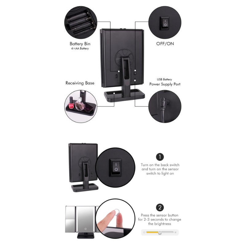 Gương trang điểm BEALUXUR Lighted Trifold, LED Folding 1X 2X 3X 10X Gương trang điểm Kính lúp Công tắc cảm ứng, Cung cấp năng lượng kép, Xoay 180 độ