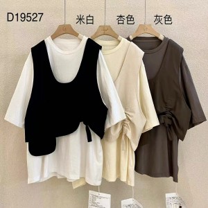 Thiết kế rộng rãi Kiểu cổ áo tròn Tối giản Kiểu tay áo có đường may Thông thường Vải cotton và vải lanh màu đồng nhất tùy chỉnh 19527 Áo phông + Ghi lê