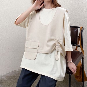 Thiết kế rộng rãi Kiểu cổ áo tròn Tối giản Kiểu tay áo có đường may Thông thường Vải cotton và vải lanh màu đồng nhất tùy chỉnh 19527 Áo phông + Ghi lê