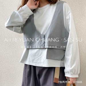 Thiết kế phù hợp Minimalst Round Coller style áo tay thòng lọng kiểu áo tắm màu đặc tự động vải bông và vải lanh cường hóa trang 196008 áo phông