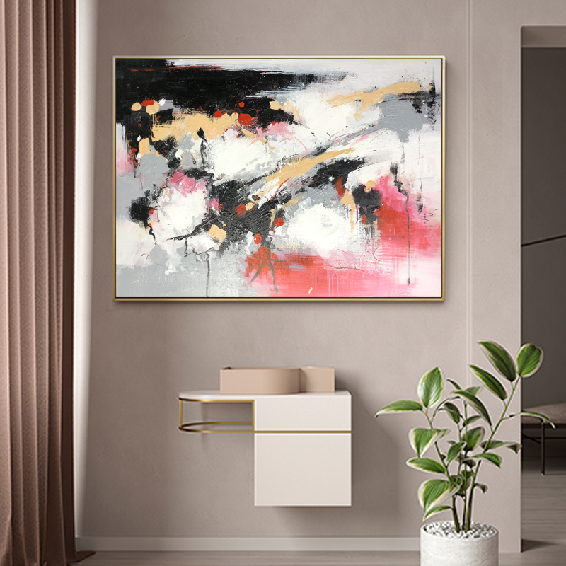 Bánnóng Kích thước lớn Màu hồng và Đen Handpained Trên Canvas Tranh acrylic Trang trí tường Tóm tắt Tác phẩmnghệ thuật Dầu cho phòng khách
