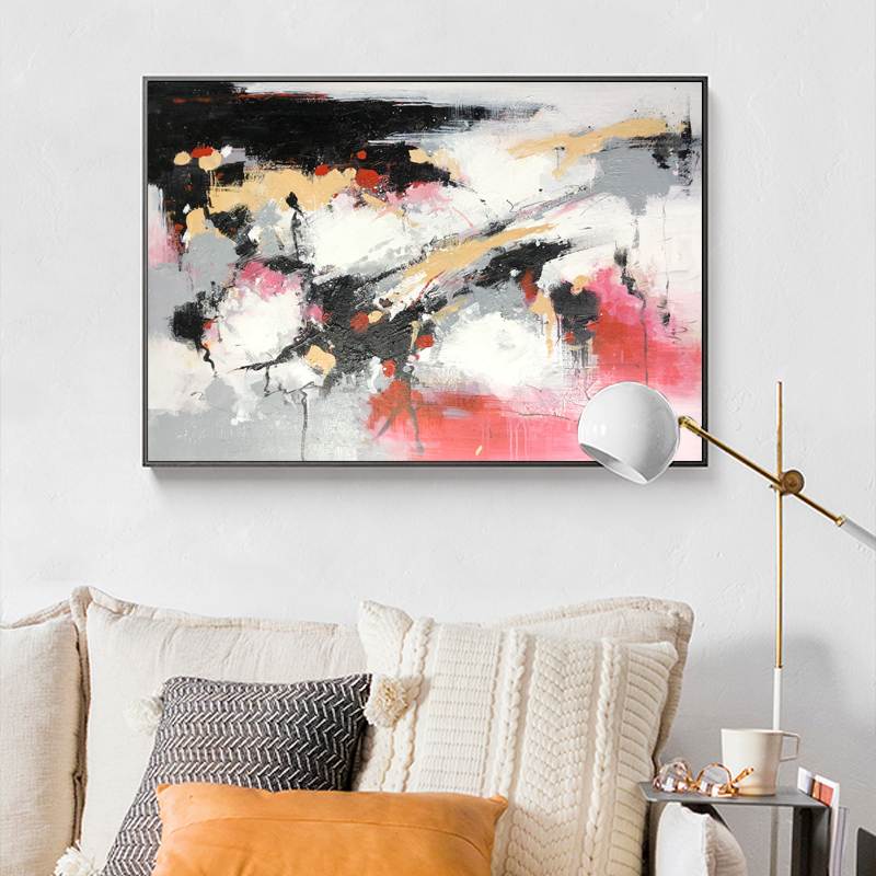 Bánnóng Kích thước lớn Màu hồng và Đen Handpained Trên Canvas Tranh acrylic Trang trí tường Tóm tắt Tác phẩmnghệ thuật Dầu cho phòng khách