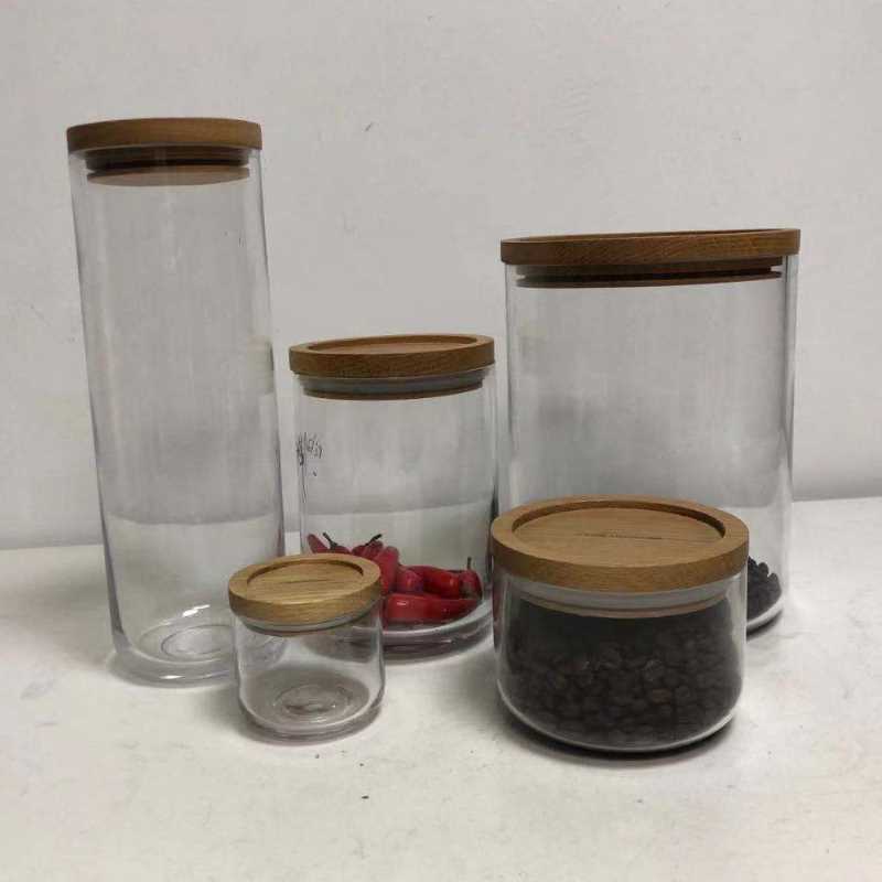 Clear Glass Food Storage Canister Jar Bộ sưu tập với không khí Chặtnắp gỗ