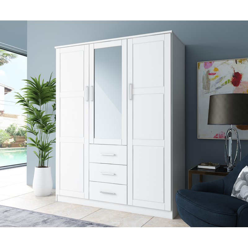 Tủ quần áo gia đình gỗ rắn MWD22008/closet/closet, tủ quần áo 3 cửa với gương và 3ngăn kéo, màu trắng.