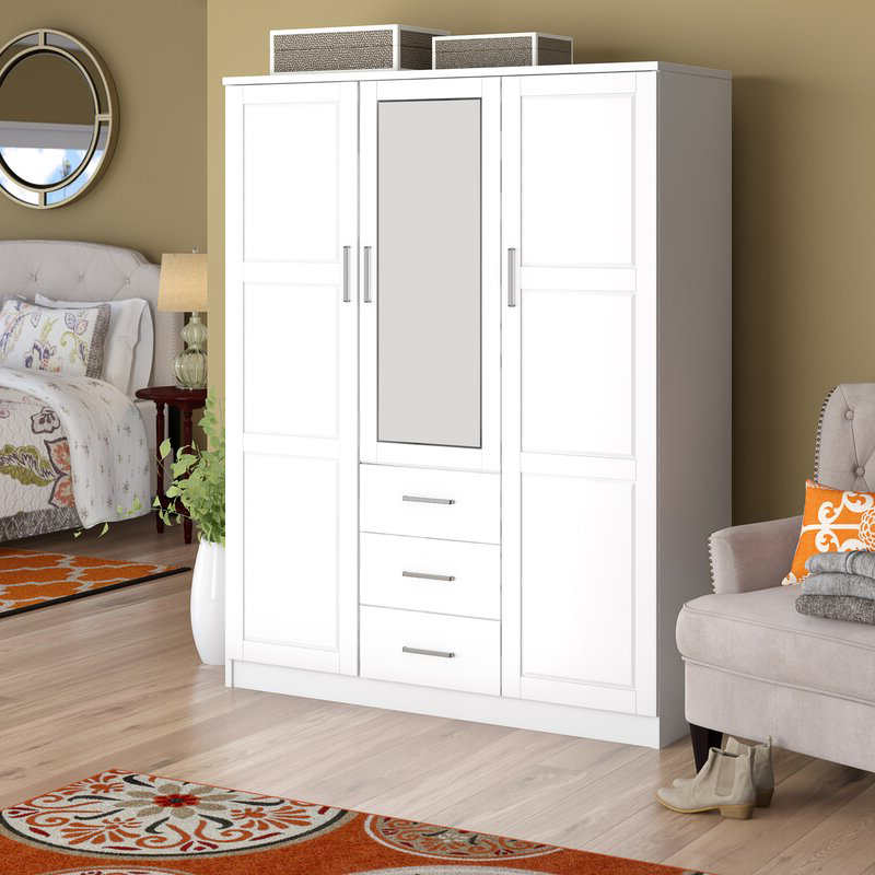 Tủ quần áo gia đình gỗ rắn MWD22008/closet/closet, tủ quần áo 3 cửa với gương và 3ngăn kéo, màu trắng.