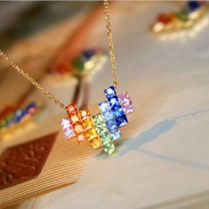 Đồ trang sức Tuochen Mới 18K Vàng Vàng đầy màu vàng Sapphire Rainbow Heart Vòng cổ