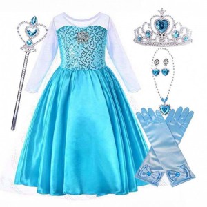 Nữ hoàng tiệc tuyết Halloween Trang phục màu xanh dài tay Snow Queen Queen Sequin Elsa Dress cho các cô gái với phụ kiện HCGD-006