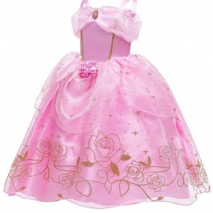 Kid Princess Dress Girl Summer Quần áo tiệc tùng màu hồng Công chúa Aurora Trang phục HCSP-012