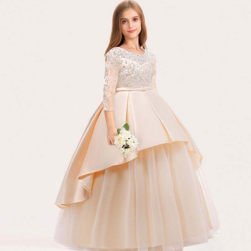 Boutique Long tay áo công chúa buổi tối áo choàng bé gái váy cưới sinhnhật với hoa LP-233
