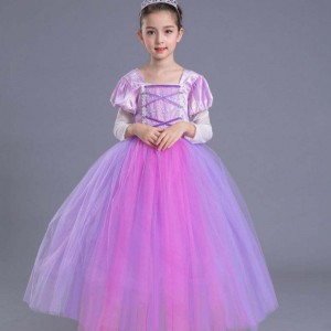 Bán buôn chất lượng cao trẻ em màu tím Rapunzel dài Sofia Princess Dress for Girls Smr020