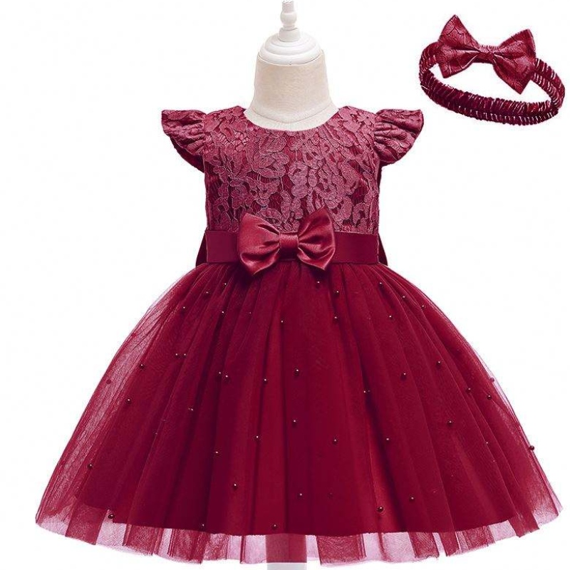Baige Hot Sale Red Kids Quần áo Váy cô gái ăn mặc tiệc sinhnhật với băng đô D0761