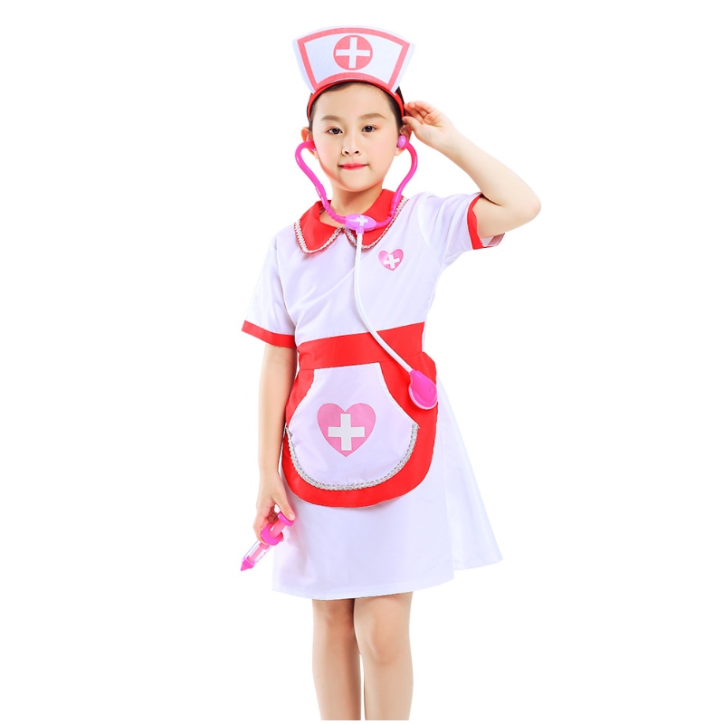Cô gái y tá giả vờ chơi trang phục hoàn chỉnh trang phục và bộ đồ chơi
